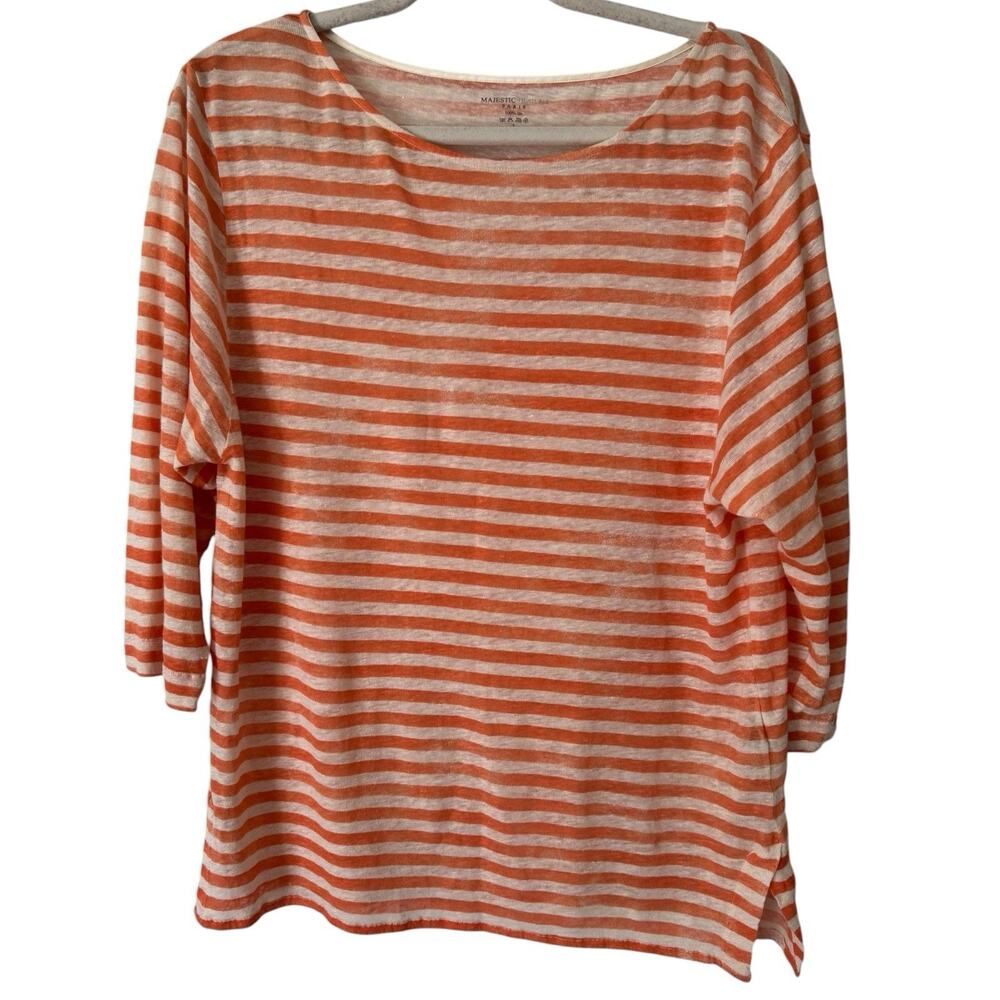 Majestic Filatures Paris Linen Stripe Boatneck Tee Medium Orange White